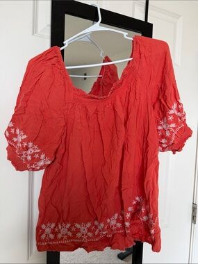 Global Desi Red Puff-Sleeve Embroidered Tunic